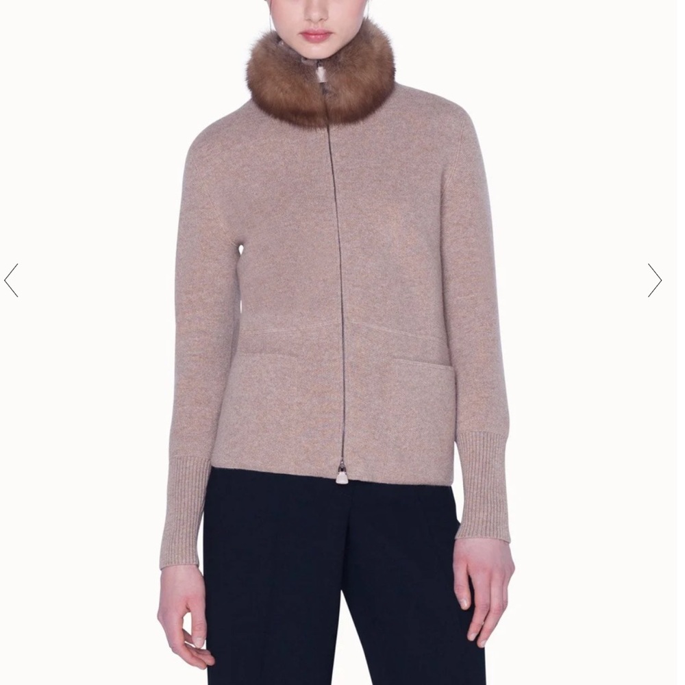 AKRIS cashmere Cardigan with Ribbed Collar removable fur ZIPPER CARDIGAN medium